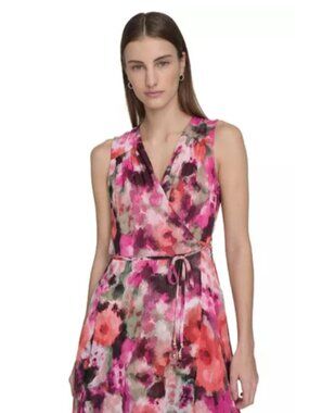 Calvin Klein Black Multi Wrap V Neck Chiffon Dress Formal Event Size 10, 16